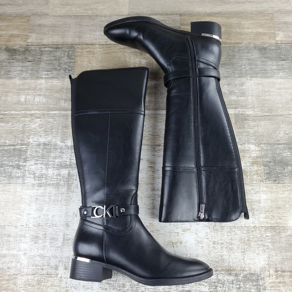 Calvin Klein Daphny Womens Knee-High Boots Sz 8 Black Leather Round Toe Side Zip